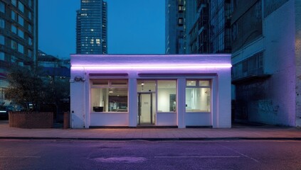 Purple-lit storefront at twilight, urban setting