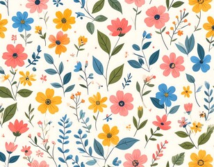 Vibrant summer garden illustration featuring a seamless pattern of hand-drawn wildflowers and leaves on a light background.