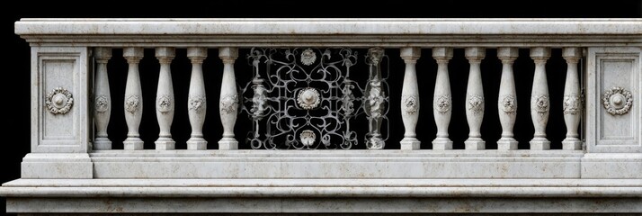 Ornate light gray stone balustrade with decorative metalwork