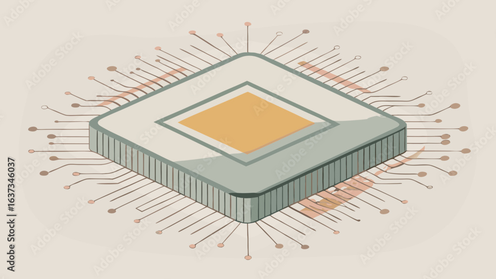 Aufkleber stylized isometric illustration of a computer microchip with numerous connecting pins and a central 