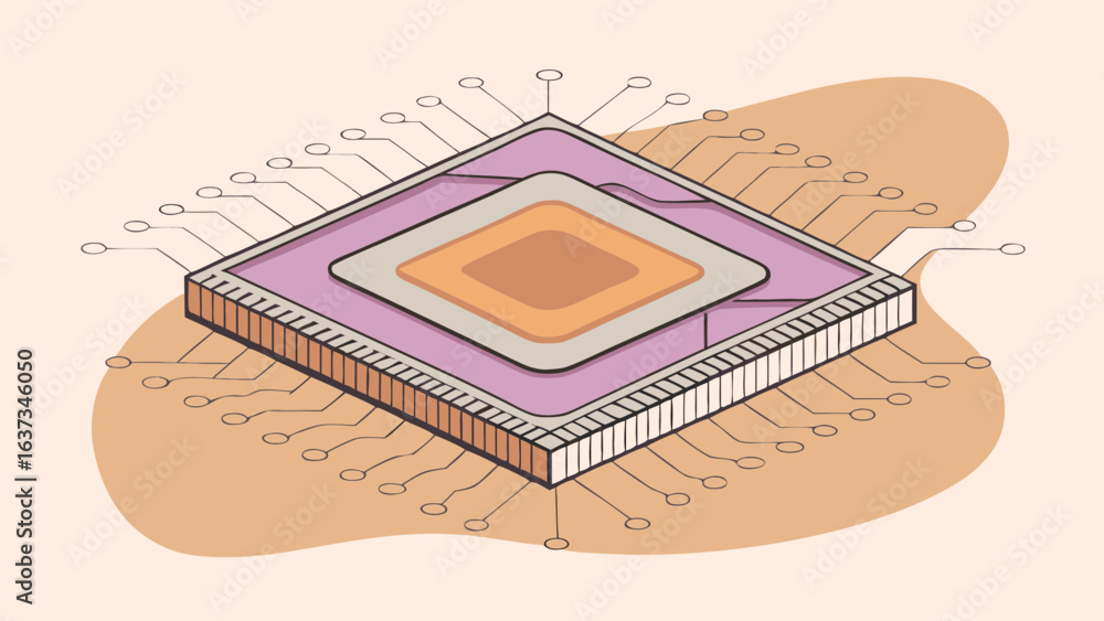 Poster stylized isometric illustration of a modern computer microchip with connected pins and a soft backgr