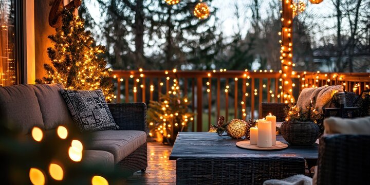 Outdoor patio decorated with Christmas lights and winter dÃ©cor Stock photo