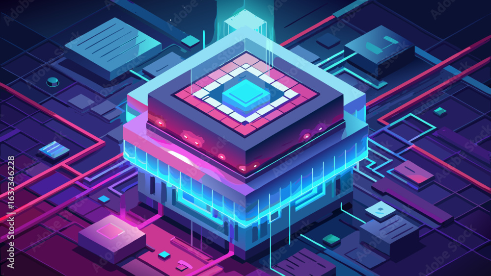 Poster futuristic isometric digital network circuit board with glowing neon lights and central processing u
