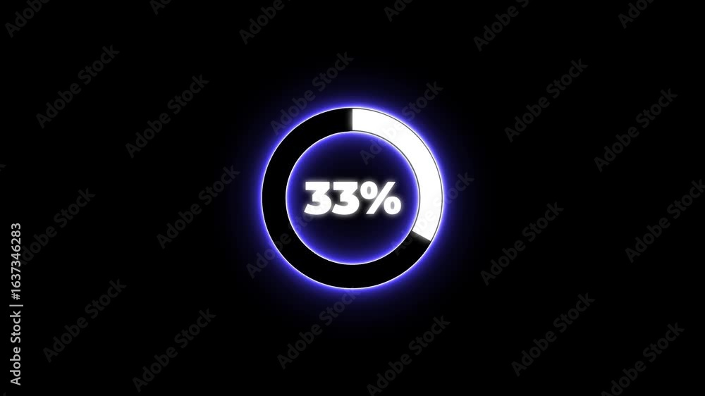 Poster numerical counting from 0 to 33. circular progress bar with bright neon blue and white light , count