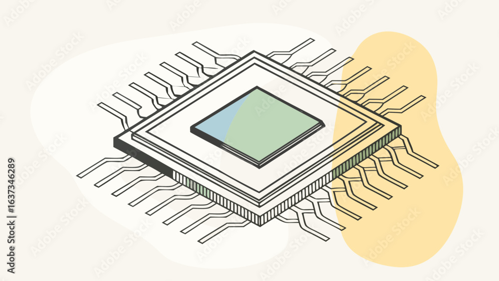 Poster stylized isometric illustration of a computer microchip with multiple pins and a dual colored square