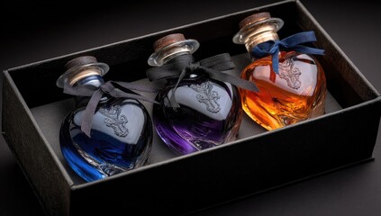 Fototapeta premium Three heart-shaped bottles of liqueur in a black box