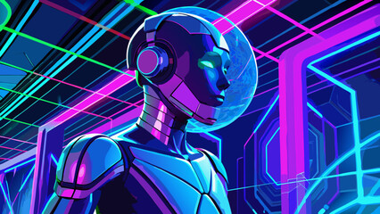 Futuristic android with glowing eyes and headphones stands amidst a vibrant neon lit digital cityscape © NAYON89