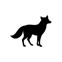 A minimalistic solid black silhouette of a standing fox 