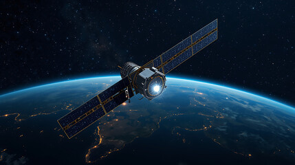 Obraz premium A realistic space scene depicts a communication satellite orbiting Earth, illuminated by solar panels, with city lights and a backdrop of bright stars.