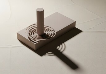 Zen garden object with raked sand pattern and strong shadow, representing meditation and tranquility