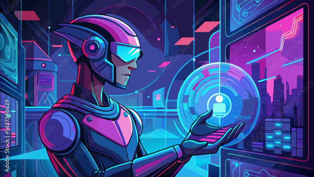 Poster futuristic cyberpunk navigator interacting with holographic data interface in a neon lit digital env