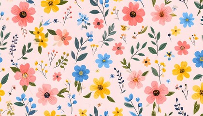 Seamless ditsy floral pattern with colorful watercolor flowers. A vibrant and cheerful hand-drawn garden design for spring.