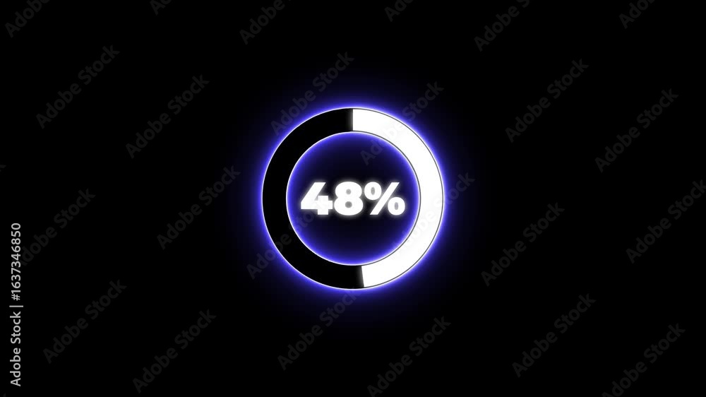 Poster numerical counting from 0 to 48. circular progress bar with bright neon blue and white light , count