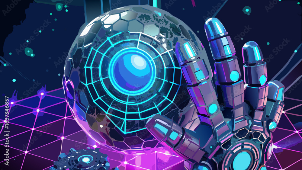Poster futuristic robotic hand interacting with a glowing hexagonal orb in a neon grid environment