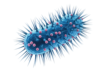 A 3D rendering of a blue bacterium or virus with numerous spiky projections and pink spherical attachments is depicted against a white background.