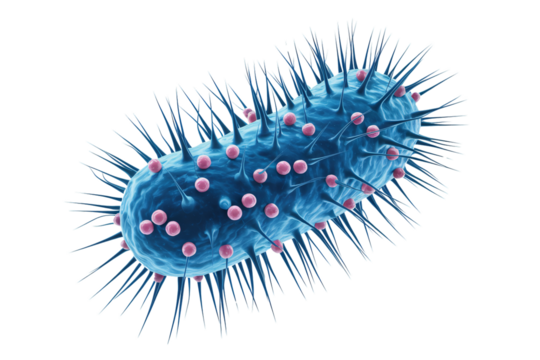 A 3D rendering of a blue bacterium or virus with numerous spiky projections and pink spherical attachments is depicted against a white background. 
