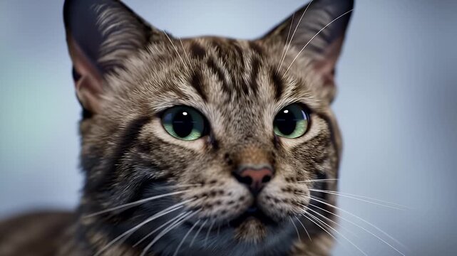 Close Up Portrait of Animated Tabby Cat with Striking Green Eyes and Detailed Fur Texture Under Soft Lighting Captivating Digital Rendering of a Felis Catus with Sharp Facial Detail