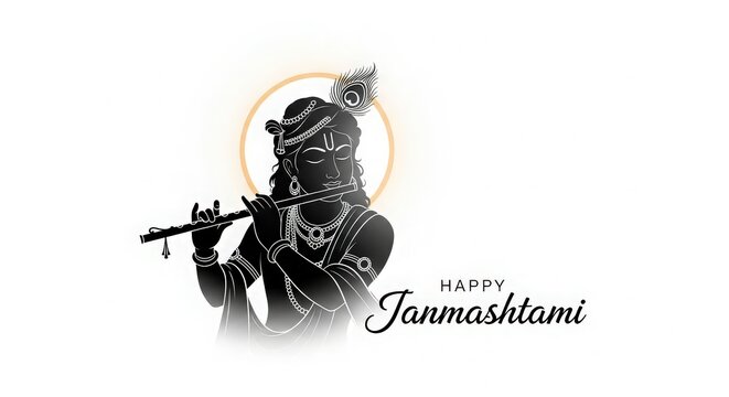 Lord krishna playing his flute with a halo and janmashtami text on white background