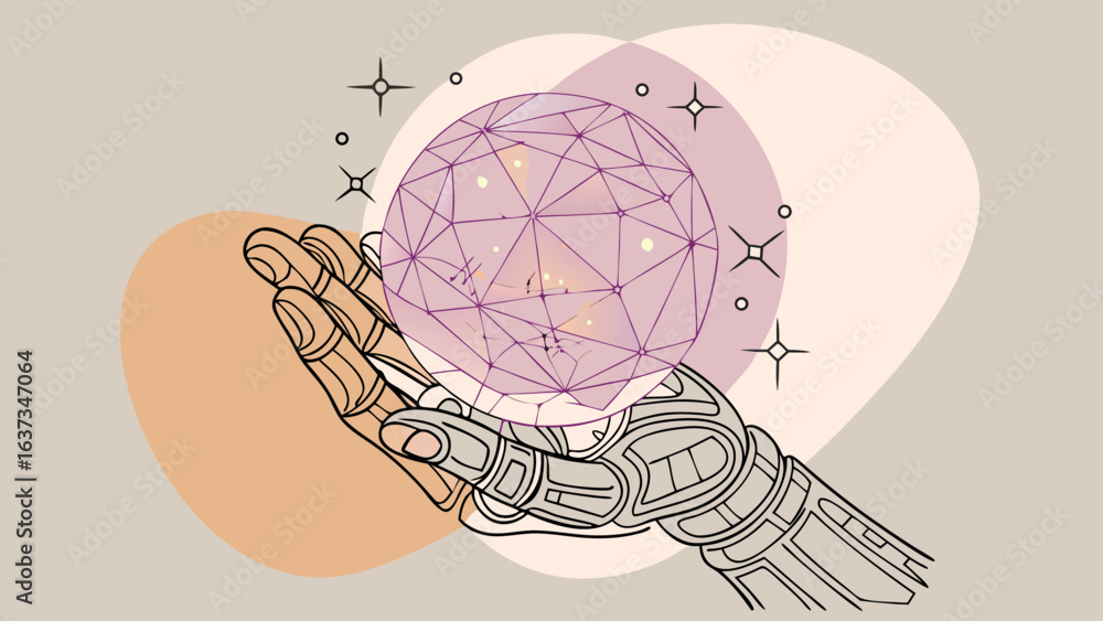 Poster futuristic robotic hand cradles a glowing geodesic sphere with abstract shapes and sparkling element