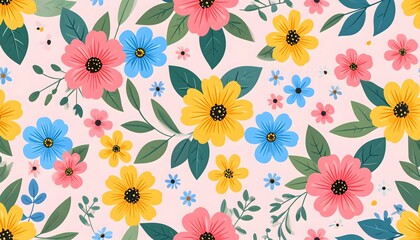 Charming seamless floral pattern with colorful spring flowers. A bright botanical background with pink, yellow, and blue blossoms for design.