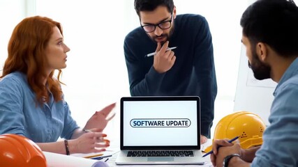 Software Update Discussion and Teamwork in Modern Office Business Collaboration, Technology, Meeting Around Laptop, Safety Helmets, Professional Atmosphere, Engineers and Colleagues Engaged