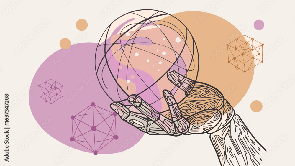 Poster abstract robotic hand holding a globe with geometric shapes and soft circles