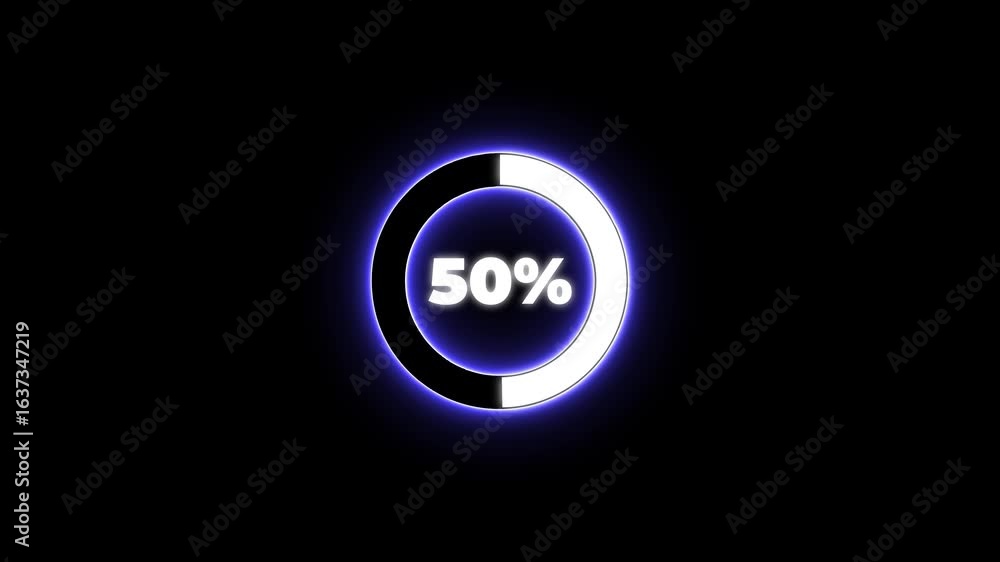 Poster numerical counting from 0 to 53. circular progress bar with bright neon blue and white light , count