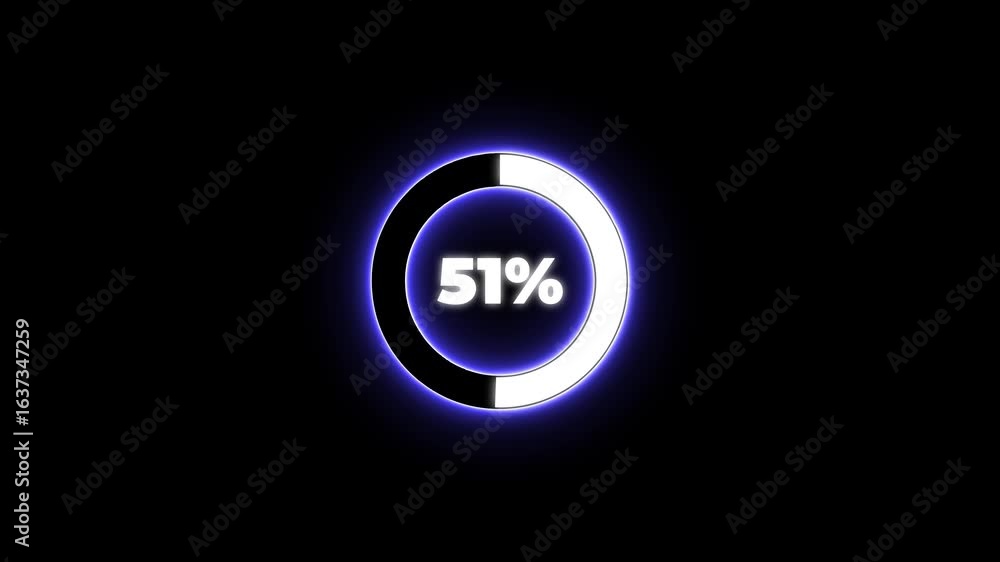 Poster numerical counting from 0 to 54. circular progress bar with bright neon blue and white light , count