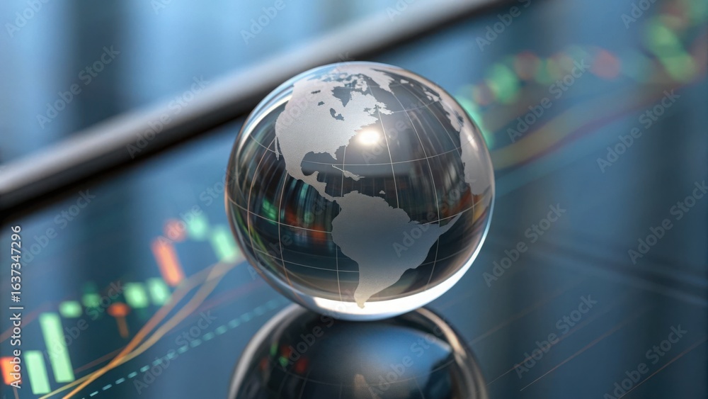 Poster reflective globe on smart glass surface with data visualization