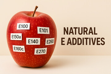 Red apple with labeled natural E additives on beige background showing food ingredient classification concept highlighting nutritional information awareness healthy diet education and food science lab