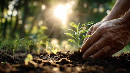 Fototapeta premium Farmer's Hands Planting A Young Seedling In The Ground With Sunlight