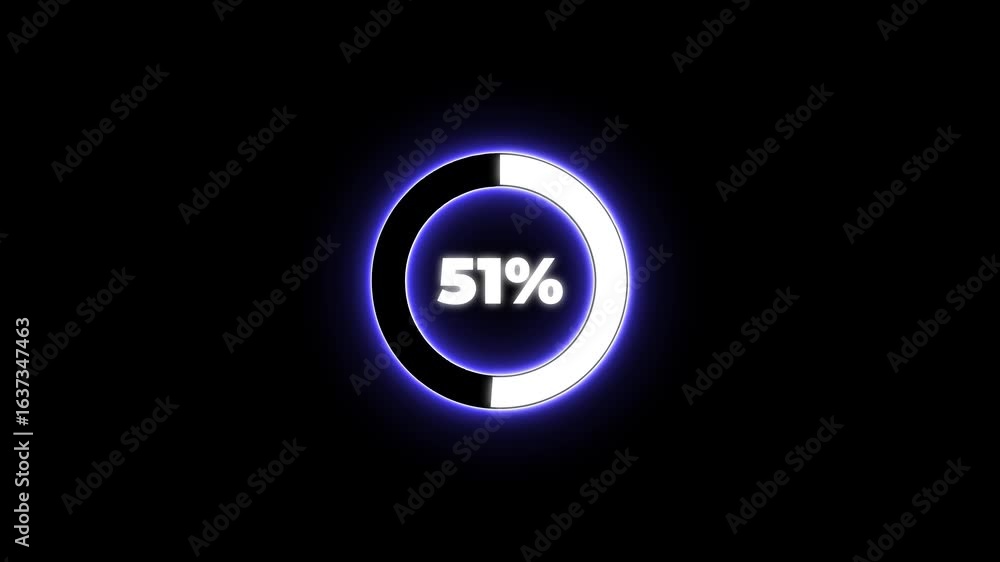 Poster numerical counting from 0 to 58. circular progress bar with bright neon blue and white light , count