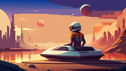 Astronaut gazes at alien cityscape and twin moons from a futuristic hovercraft at sunset