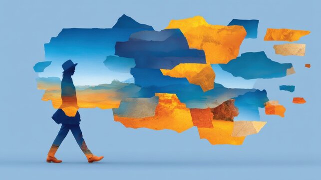 Minimal concept of Time traveler dissolving into crystals, wrapped in ancient maps of lost futures, walking through layered timelines, surreal identity collapse, symbolic moment distortion,