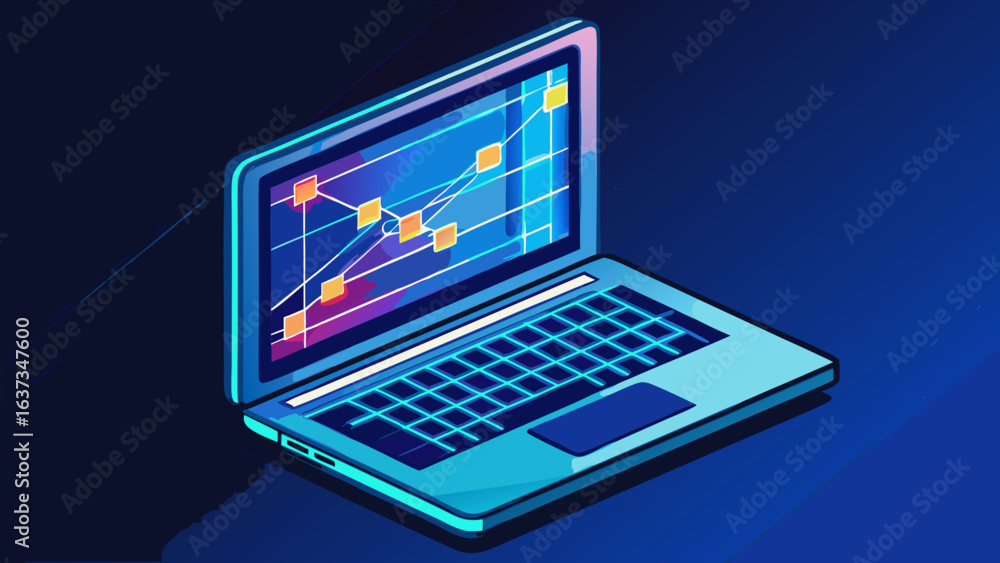 Aufkleber modern laptop displaying a colorful financial data graph with upward trends and network connections