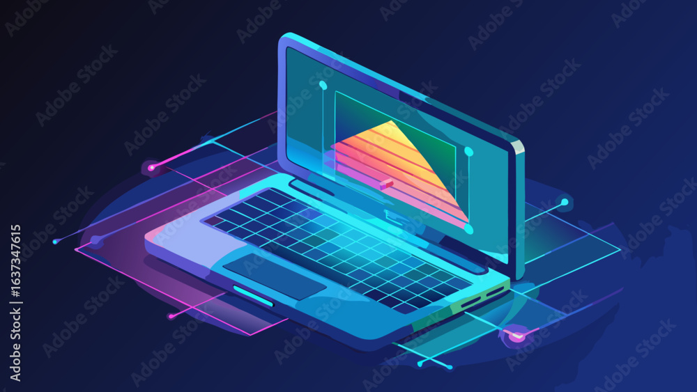 Poster futuristic isometric laptop displaying a vibrant data visualization with neon network connections