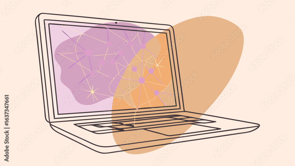 Poster modern laptop displaying abstract network connections and geometric shapes with soft pastel backgrou