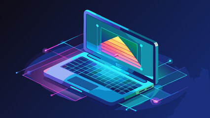 Futuristic isometric laptop displaying a vibrant data visualization with neon network connections