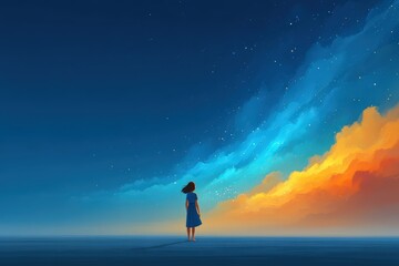 Minimal concept of Dreamweaver child spinning constellations with fingertips, clouds forming animals, fantasy imagination, poetic visual storytelling, powerful symbolism of creation, childhood dream