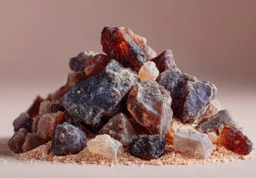 Pile of colorful, rough-textured crystals on a light beige surface - Powered by Adobe
