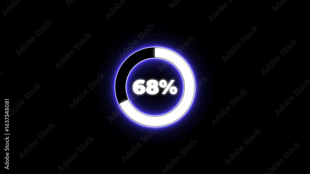 Poster numerical counting from 0 to 77. circular progress bar with bright neon blue and white light , count