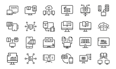 24 Education and School Line Icons Classroom, Online Learning, Graduation, Science, Music, Language, and Study Tools Vector Icon Set for Teachers, Students, and Educational Projects