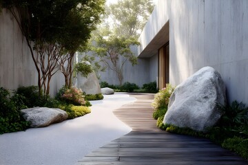Fototapeta premium Zen pebble covered walkway with grounded minimalist design for tranquil outdoor spaces