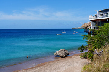 Pelicano marrom pousado em rocha à beira-mar em Curaçao, com águas azul-turquesa ao fundo e turistas aproveitando o dia ensolarado no Caribe