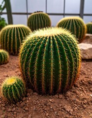 Cluster of spherical cacti in a greenhouse