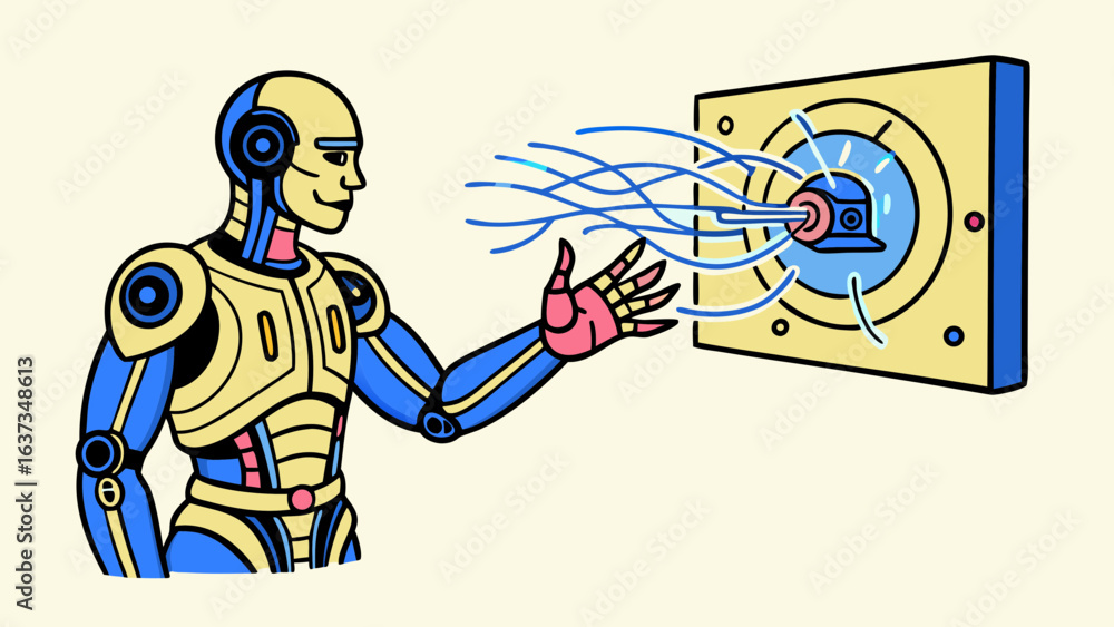 Poster advanced humanoid robot interacts with a futuristic technological interface emitting blue energy str