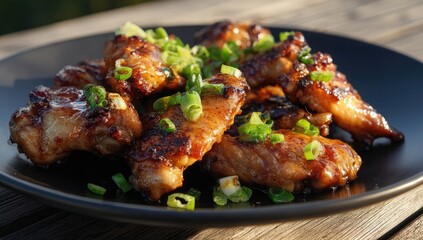Fototapeta premium Crispy chicken wings on a dark plate, garnished with green onions