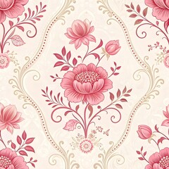 Vintage pink floral wallpaper with roses and ornate patterns.


