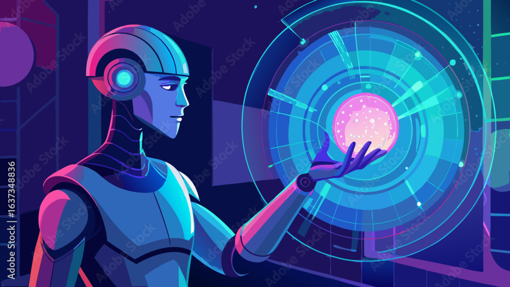 Poster advanced robot interacting with futuristic holographic interface and glowing orb