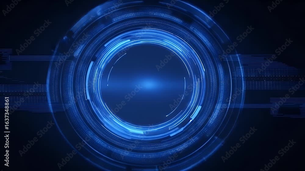 Poster blue background with a futuristic circle in the center, featuring an animated technology and compute